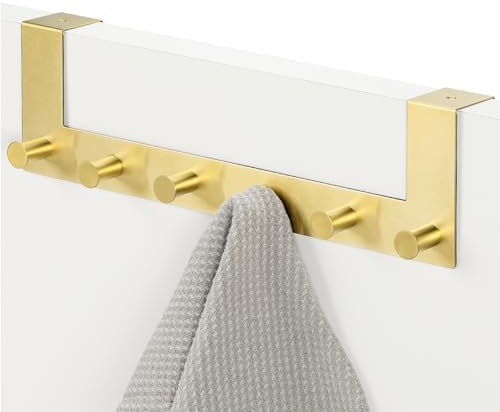 Navaris Perchero para puerta - Colgador para puertas de hasta 4 cm con 6x gancho - Percheros sin agujeros para baño dormitorio - 39 x 11 cm - Dorado