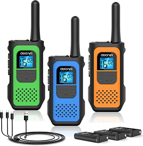 AWANFI Walkie Talkie 3er Set, Walkie Talkies Aufladbar mit 1200mAh Li-ion Akku, Walkie-Talkie Kinder Erwachsene, Funkgeräte Set mit 16 Channels VOX, Walky Talky für Camping Abenteuer Geschenk