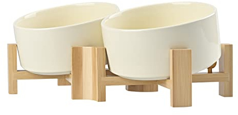 SPUNKYJUNKY Inclinaison 15° Gamelle en Céramique pour Chiens Double Bol avec Support en Bambou Plate ou Inclinée Idéale pour Chiens et Chats à Faces Plates Petits et Moyens 850ml