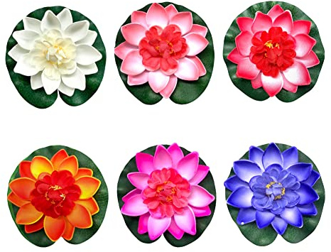 JIHUOO 6 fiori di loto artificiali, grandi fiori di loto galleggianti, fiori di loto finto, fiori di ninfea, piante artificiali per laghetti, con giglio artificiale