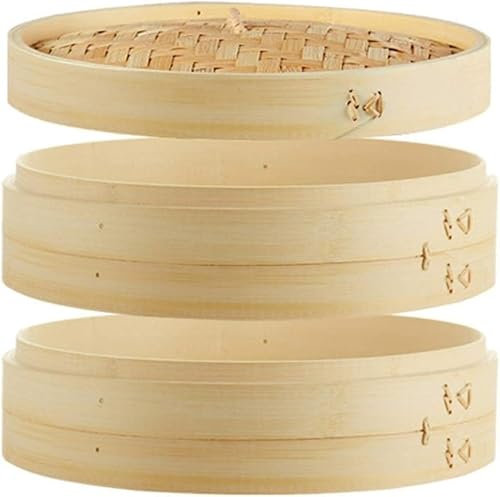 7/8/9/10/12 Inch Bamboo Steamer Basket 2/3 Tiers & Lid 100% Natural Bamboo Handmade Dim Sum, Meat & Dumpling Steam Cooker Set Great for Rice, Crab & Veggies (Color : 2 Steamers+1 Lid, Size : 12inch
