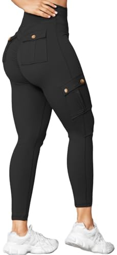 Nuofengkudu Women Scrunchs Bum Cargo Leggings Gym with Pockets Butt Lifting High Waisted Booty Push up Ankle Length Tummy Control Solid Running Sports Jogging Trousers Stretch Pants Black XL
