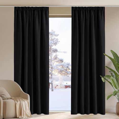 PONY DANCE Pencil Pleat Door Curtain Blackout - 2 Panels Thermal Insulated Curtains for Living Room Privacy Screen Heat Cold Blocking, 66 inch Width x 84 inch Drop, Black