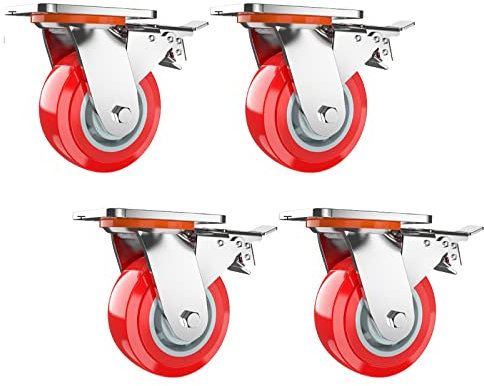 Schwerlastrollen Transportrollen Set Lenkrollen Mit Bremse, Rolle 360° Grad Drehbar, for Möbel,Blumenständer,Krippen, Geräuschlose Räder Aus Hochwertigem Polyurethan, Rot Schwenkbare Rollen ( Color :