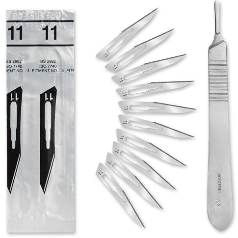 Set - 50 Stück sterile Skalpellklingen Figur 11 aus Karbonstahl - Ersatzklingen + 1 x Shehadeh - Skalpell-Halter - Edelstahl
