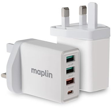 Maplin 4 Port USB Wall Charger 3x USB-A & 1x USB-C PD QC 3.0 32W High Speed, for iPhone 15/14/13/12/11/SE/X/XS/XS MAX/XR/8, Samsung Galaxy, Pixel, Xiaomi, One Plus, Huawei and more
