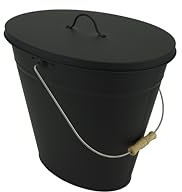 Valo Ascheeimer oval mit Deckel, 24 Liter, Schwarz, Hitzebeständig, mit Holz Tragegriff, Ovale Form, Ascheaufbewahrung VK000504