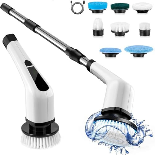 Electric Cleaning Brush, Wireless Telescopic Cleaning Brush with 7 Brush Heads, Electric Spin Scrubber with Adjustable Stretchable Arm, Rechargeable Spin Power Scrubber for Floor, Kitchen, Bathtub
