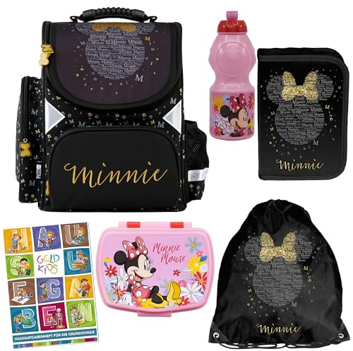 Goldkids - Schulranzen für Jungen und Mädchen - Schul-Rucksack für Kinder mit Federmäppchen - Schuhbeutel, Brotdose, Trinkflasche und Hausaufgabenheft - Minnie Maus Motiv - 1-3 Klasse