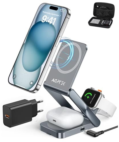 AGPTEK Magnetic Wireless Charger, 3 in 1 Foldable Mag -Safe Wireless Charging Station, Aluminum Travel Charger for iPhone 16 15 14 13 12 Pro Max/Mini/Apple Watch 2-9/Airpod, Carrying Case 18W Adapter
