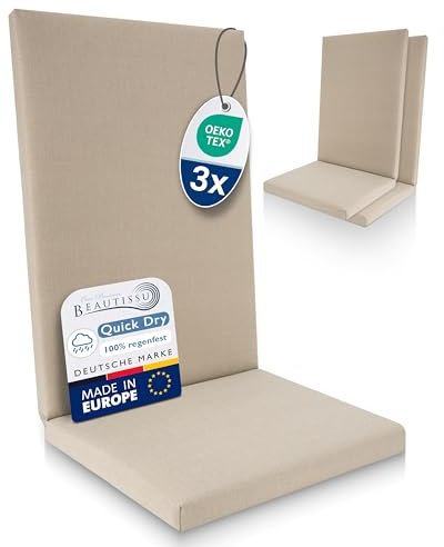 Beautissu 3er Set Premium Hochlehner Auflage 100% Wasserdicht 120x50cm – UV-beständig Bequem Pflegeleicht Waschbar Sitzkissen Gartenstuhl – Quick Dry Polsterauflage Gartenmöbel Stuhlauflage Beige