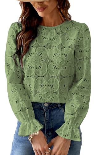 CUPSHE - Camicetta da donna con scollo rotondo e maniche lunghe, con ricami floreali traforati e polsini elastici, camicia elegante, Verde oliva, L