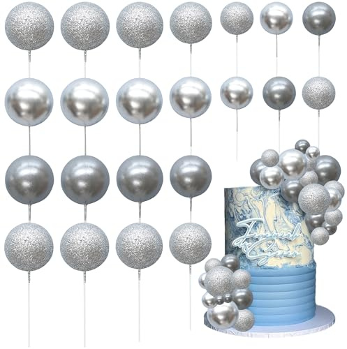 Ephlyn 30Pcs Ball Cake Picks Colorful Ball Shaped Cake Topper Pearl Balls Cupcake Cake Insert Topper for Birthday Party Decoration Supplies Pearl Silver Glitter Silver