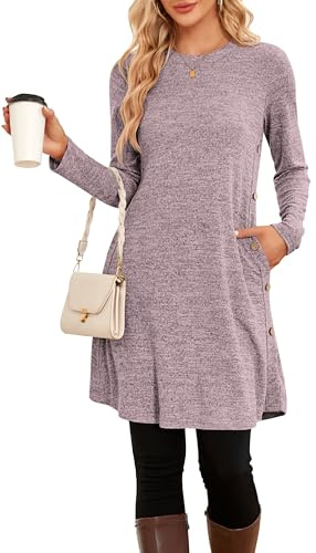 SENBATU Women Dresses Casual Crew Neck Jumper Dress for Women UK Knitted Midi Dress with Pockets X-Large Pink Gray