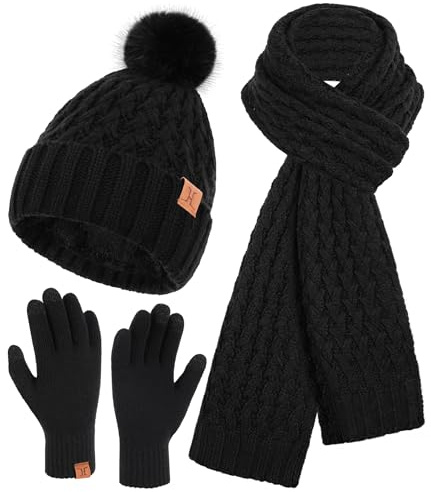 Bequemer Laden Mujeres Invierno Gorro Bufanda Larga Guantes Tactiles Conjunto de Punto Gorras Lana con Pompón Forro Polar Regalo Mujer