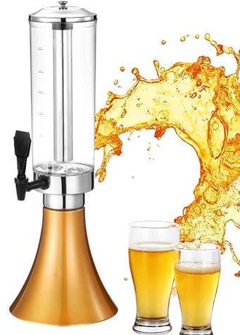 CHANGLKJ Dispensador De Bebidas De Cerveza Dorada De 3 litros, Dispensador De Torre De Cerveza con Luz De Color Y Tubo De Hielo Extraíble, Material De Calidad Alimentaria Y Escala Transparente