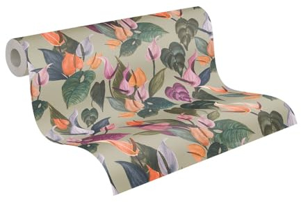 Livingwalls Anna D'Andrea Vliestapete Floral 10,05 m x 0,53 m - Grau, Grün, Blau, Lila, Bunt - Tapete Blätter - 782102