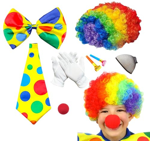 AYNKH 7 PCS Ensemble d'Accessoires de Costume de Clown, Perruque Afro Arc-en-ciel, Nez de Clown, Cravates Colorées, Nœuds papillons colorés, Gants, Sifflets, Filets à Cheveux, Jeux de rôle, Carnavals