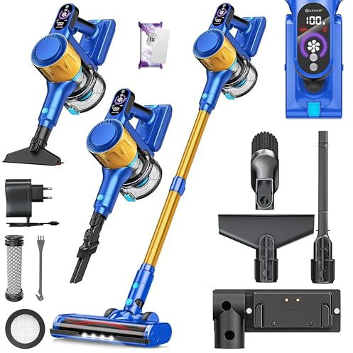 KESSER® Aspirador de escoba inalámbrico con batería de hasta 60 min. de duración y silencioso | Aspirador de escoba con batería con pantalla LED, sin bolsa, con cepillo anti-enredos para suelos duros