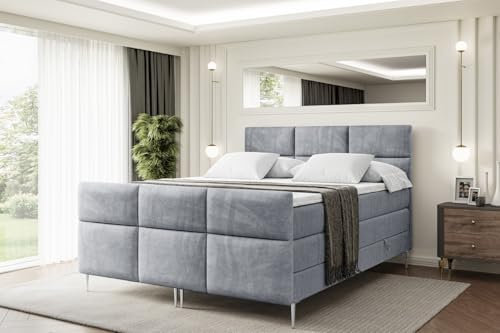 ALTDECOR Boxspringbett mit Silber Füßen, Matratze und Lattenrost, Topper, Fußteil, Polsterbett mit Bettkasten, Bett mit Stauraum H3- und H4- Matratze -Ohio-FS-Z KING-200x200 - Grau Casablanca