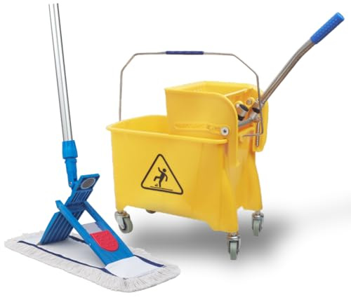 VIOVIE Premium Wischer Komplett Set 50CM und Reinigungswagen mit Auswringfunktion | 50 cm Baumwoll-Wischmopp | Teleskop Stiel (90-160cm) | Magnethalter mit 1 klick System für einfaches Wechseln