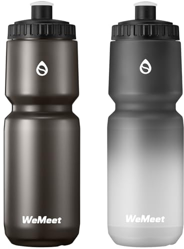 WEMEET 1000ml Bike Sport Water Bottle, BPA Free, 2-Pack Leak Proof Cycling Squeeze Water Bottle with Capacity Scale, for Mountain Biking, Camping, Gym (Black & Black White)