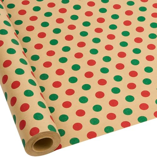 【Kraftfullt presentpapper】Återvinningsbart presentpapper med röda och gröna prickar 43 cm x 15 m