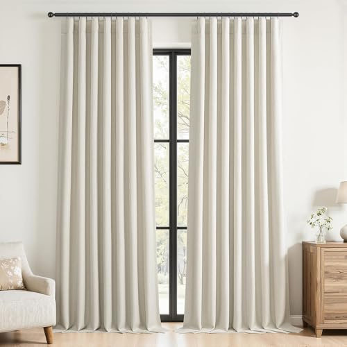Topfinel Natural Linen Blackout Curtains with Back Tab for Tracks 96 Inch Long, Room Darkening Memory Trained Linen Drapes, Elegant Noise Cancelling Patio Door Curtains, Cream Beige,52 W*96 L