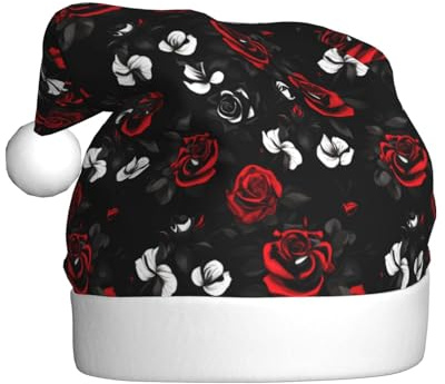 Yyoretp Weihnachtsmütze mit schwarz-weißen und roten Rosen für Erwachsene, Weihnachtsmannmütze, Unisex, Samt, Urlaub, Weihnachtsmütze für festliche Partys