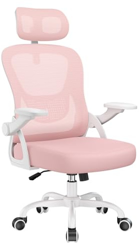 rattantree Silla de Oficina Ergonómica, Silla Escritorio con Reposabrazos Abatibles, Reposacabezas Y Respaldo, Silla ergonomica Pequeña con Basculante De hasta 115°, Malla Silla de Oficina, Rosa | Silla de Oficina con Respaldo Malla Transpirable | Altura Regulable | Ruedas Silenciosas| Adecuado Oficina y Hogar| 110kg