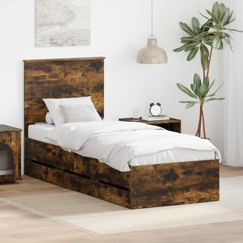 Ordellia Sängram rökt ek 75 x 190 cm, ingenjörsträ, med förvaringsutrymme, modern design, robust plattformssäng för sovrum, hållbar möbel