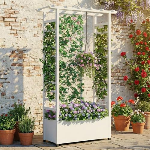 Hochbeet mit Rankgitter und Hängedach, wetterfester Metall-Pflanzkasten mit 4 Rollen und 2 seitlichen Rankgittern für Kletterpflanzen, mobiler Sichtschutz für Terrasse, Balkon und Garten