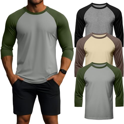 Geyoga Paquete De 3 Camisetas para Hombre De Manga 3/4, Cuello Redondo, Estilo Béisbol, Transpirables Y Deportivas
