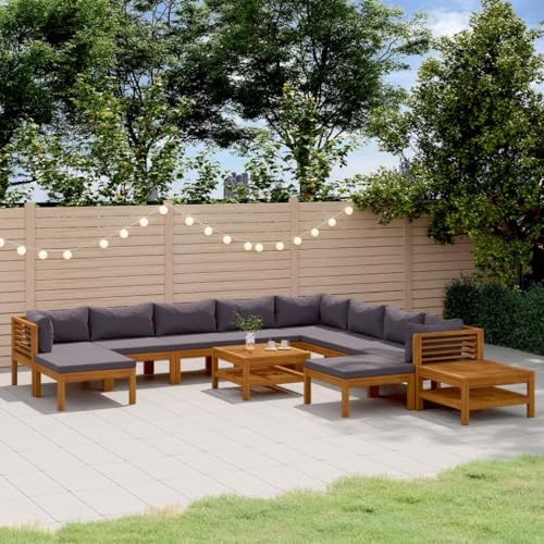 Woonisher Gartenmöbel Sale Set 12-TLG. Lounge-Set Massivholz Akazie, Terrassenmöbel Außen Grau mit Auflage, Balkonmöbel Kleiner Balkon für Garten Terrasse Balkon