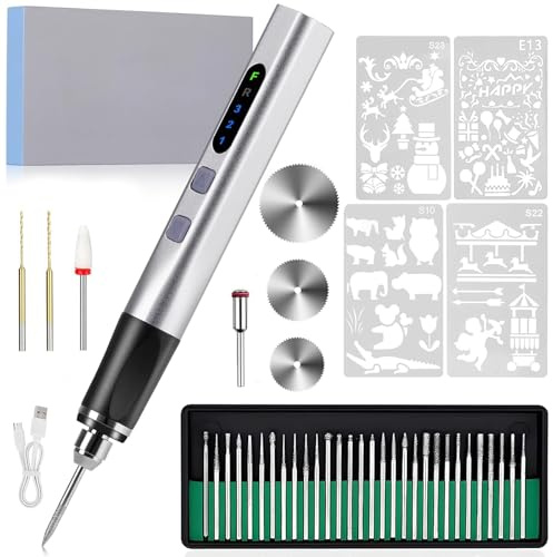 Cordless Engraving Pen, 3-Speed Electric Engraving Tool Kit, 18000 RPM Engraver Pen with 30 Drill Bits, 7 Grinding Accessories & 4 Templates for Wood, Resin & Jewellery