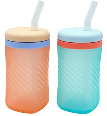 The First Years Silicone Squeeze & Sip Straw Cup - Spill-Proof Toddler Training Cups - Dishwasher Safe - Orange and Blue - 7 oz - 2 Count - Ages 6 Months+