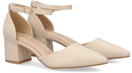 99392 Zapato de Tacon Medio para Mujer con Diseno Elegante y Punta Fina, Cierre de Hebilla. Tacon Ancho y Comodo, Ideal Diario u Ocasiones Especiales. Talon Cerrado. Beige Talla 39