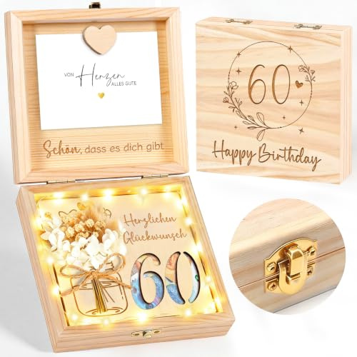 Geldgeschenke Geburtstag 60 mit LED Lichterkette, 60 Geldgeschenk Verpackung aus Holz, Lustig Geschenk zum 60 Geburtstag Frau Mann, Geburtstagsgeschenk für Familie, Freunde, Mutter