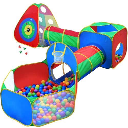 Hide N Side 5Pc Kids Ball Pit Tents And Tunnels 1, Blue, Green, Yellow, Pink
