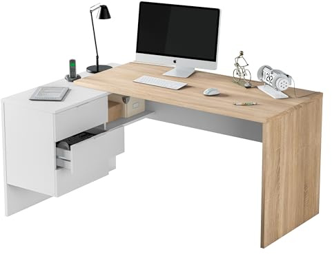 Habitdesign Mesa de Escritorio Reversible con Cajonera, Modelo Office BUC, Mesa de Oficina o Despacho, Modelo Office, Acabado Blanco Artik y Roble Canadian, Medidas: 145x102x73 cm