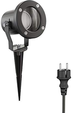 ledscom.de LED Gartenstrahler MIBU schwarz mit Erdspieß für außen, Edelstahl, inkl. GU10 Lampe 4,914W 450lm 100° warm-weiß