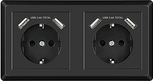 Sasudose Doppelsteckdose, USB Steckdose Schwarz System 55 Schutzkontakt-Steckdose Passt in Standard 2-fach Unterputzdose, Wandsteckdose Unterputz für Smartphone MP3 Aufladung