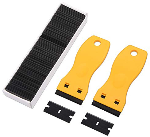 FOSHIO 2 pcs Grattoir pour Plaque Vitrocéramique Verre Plaque Grattoir avec 100 raclettes de en Plastique, pour enlever Les étiquettes, a Colle (Jaune)