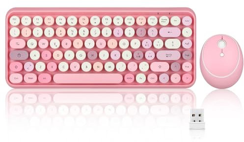 Perixx PERIDUO-713 Tastiera e mouse wireless, tasti rotondi, design macchina da scrivere retrò, tasti multimediali, cute colore rosa, QWERTY italiano