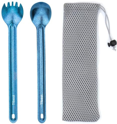 Tibest Titanium Spork Long Handle, Ultra Lightweight Camping Utensil for Backpacking Camping, Hiking, Outdoors Blue Color