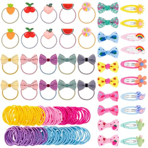 MELLIEX 140 Stück Kinder Haarschmuck, Haarspangen Mädchen Bunt Haargummis Haarbögen Haarclips Baby Kopfschmuck Set, Geeignet für Tägliche und Partys