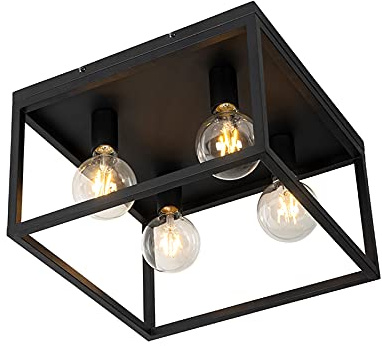 Qazqa Industrie Deckenleuchte, Deckenlampe - Cage - Schwarz, Quadratisch, 4-flammig, 40cm, Ideal als Flur, Schlafzimmerlampe und Wohnzimmerlampe