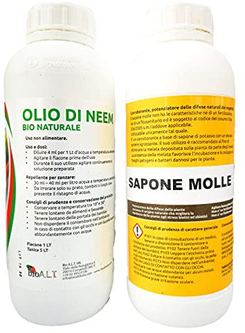 Olio di Neem e Sapone Molle di Potassio bioA.L.T Repellente Naturale Residuo Zero Biodegradabile Efficace Insetticida Contro Zanzare Anti Acari Afidi Cocciniglia Pidocchi 2x 1L