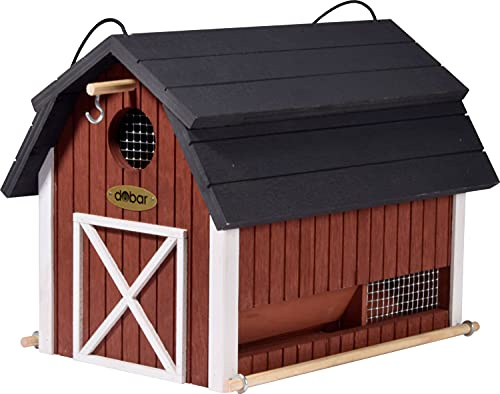 dobar® Green Label 98760FSCe Vogelfutterhaus Katthult hängend - Vogelhaus Massivholz - Futterstation Wildvögel - Vogelvilla zum Aufhängen - Futterspender Scheunen-Design - 31,5 x 22 x 24 cm - Rot