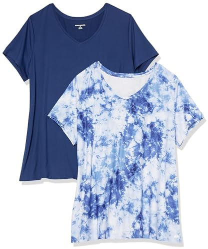 Amazon Essentials Camiseta Elástica de Secado Rápido, Manga Corta y Cuello en V (Hay Tallas Grandes) Mujer, Paquete de 2